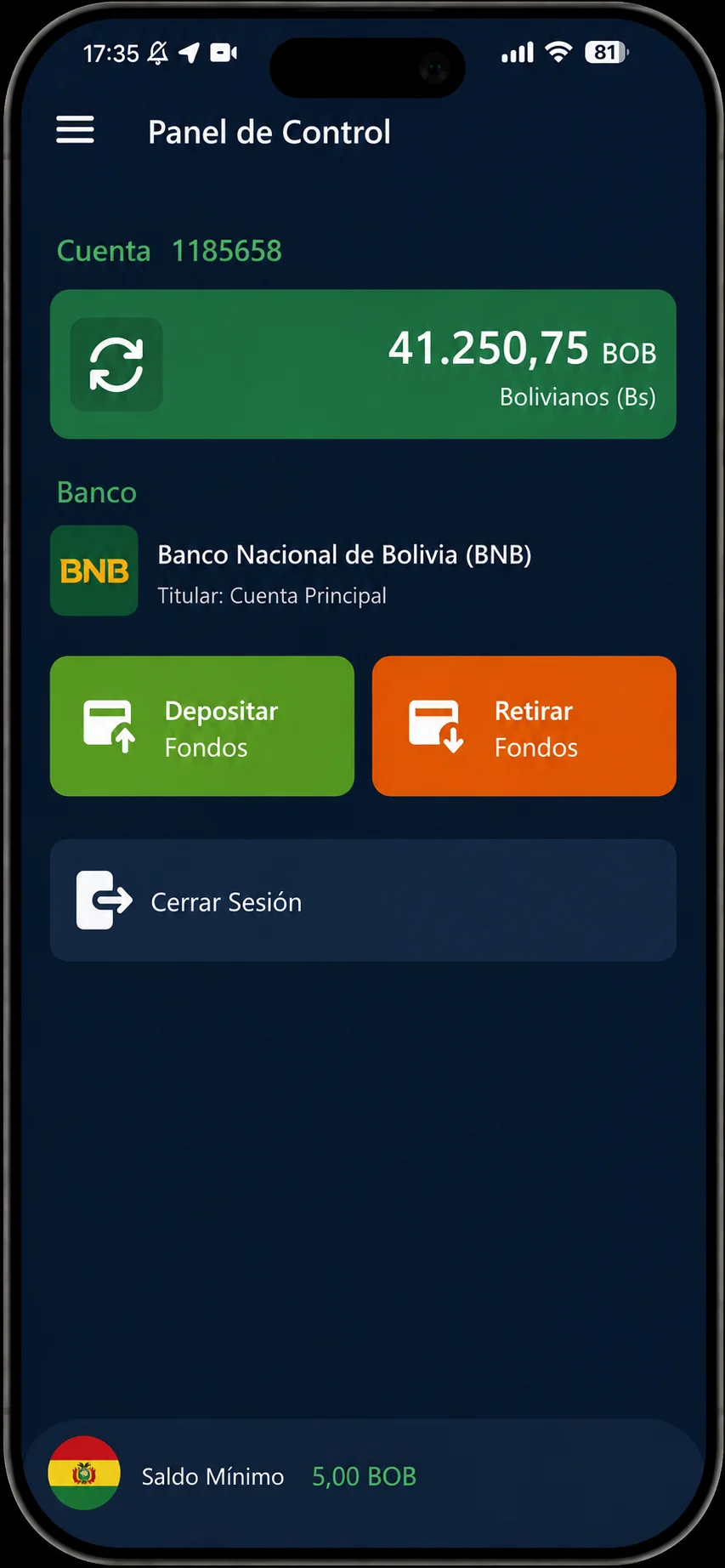 Pantalla de Inicio MobCash Bolivia